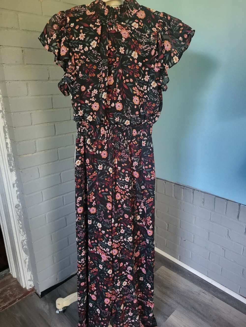 Floral Smocked Waist Jumper - Black with Pink Floral